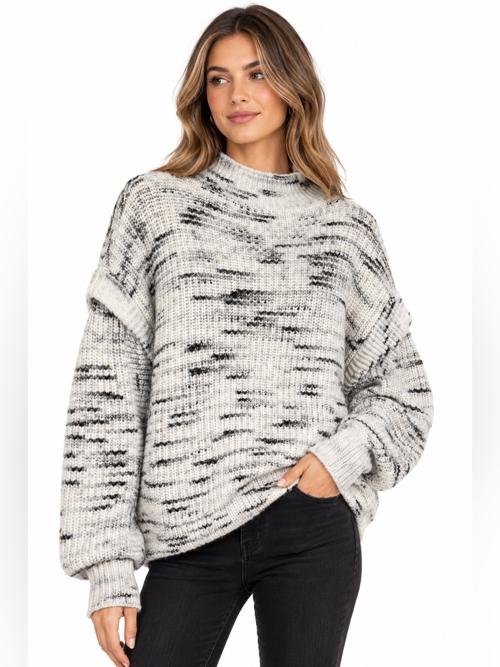Varley Belgrave Knit Sweater Medium Dalmatian Wool Blend Balloon Sleeve $158